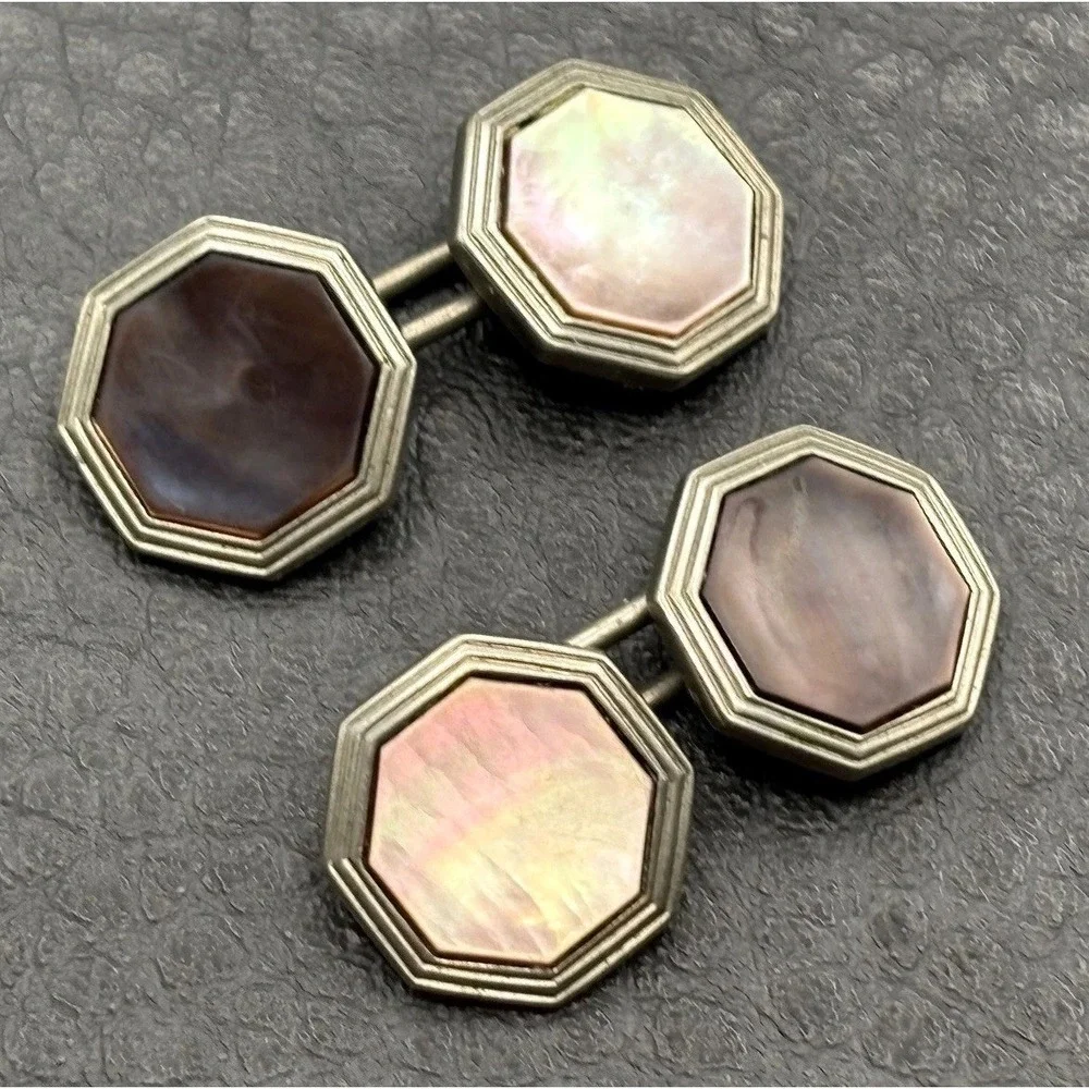 Vintage Art Deco Mother of Pearl Octagonal Cufflinks Silver Tone